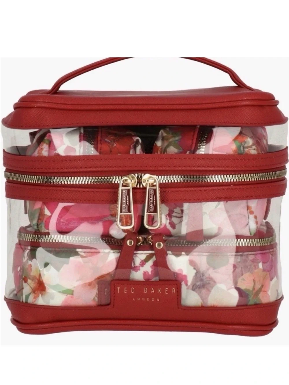 NWT Ted Baker London 4-Piece Cosmetic Train Case Bag Set Red Floral Travel